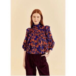 Farm Rio Bright Blue Mushroom Sketch Blouse Buttons M NEW Statement